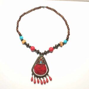 Bohemian Tribal Statement Necklace Ethnic Beaded Pendant Red Stone Vintage